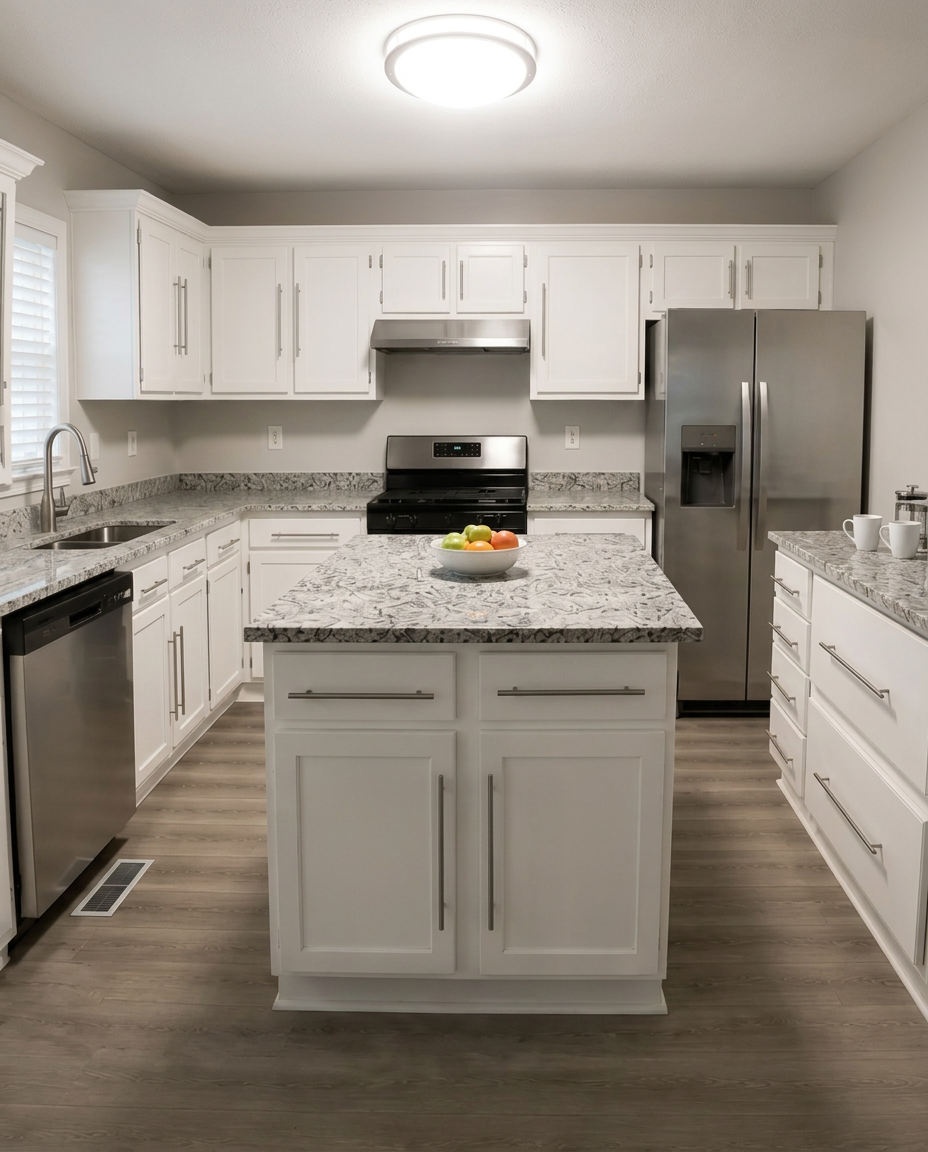 White kitchen with granite island and stainless appliances